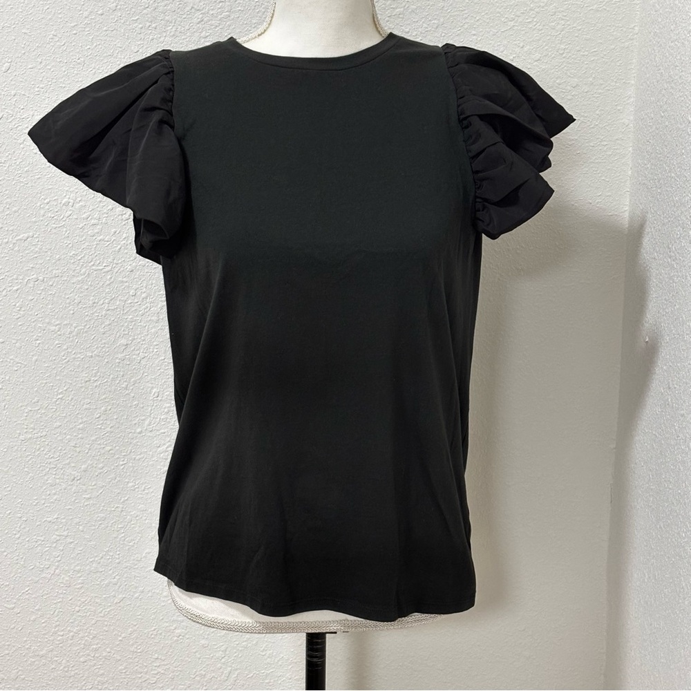 EXPRESS Women Black Top Puff Sleeves with Ruffle Taffeta Detail Size M